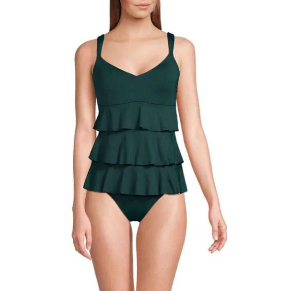 NWOT Lands End Smoothing Ruffle Fauxkini Hunter Green One Piece Swimsuit Size 14